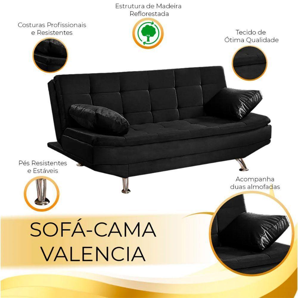 Sofá Cama Valencia 3 Lugares Reclinável Material Sintético Preto - Star Confort Preto - 4