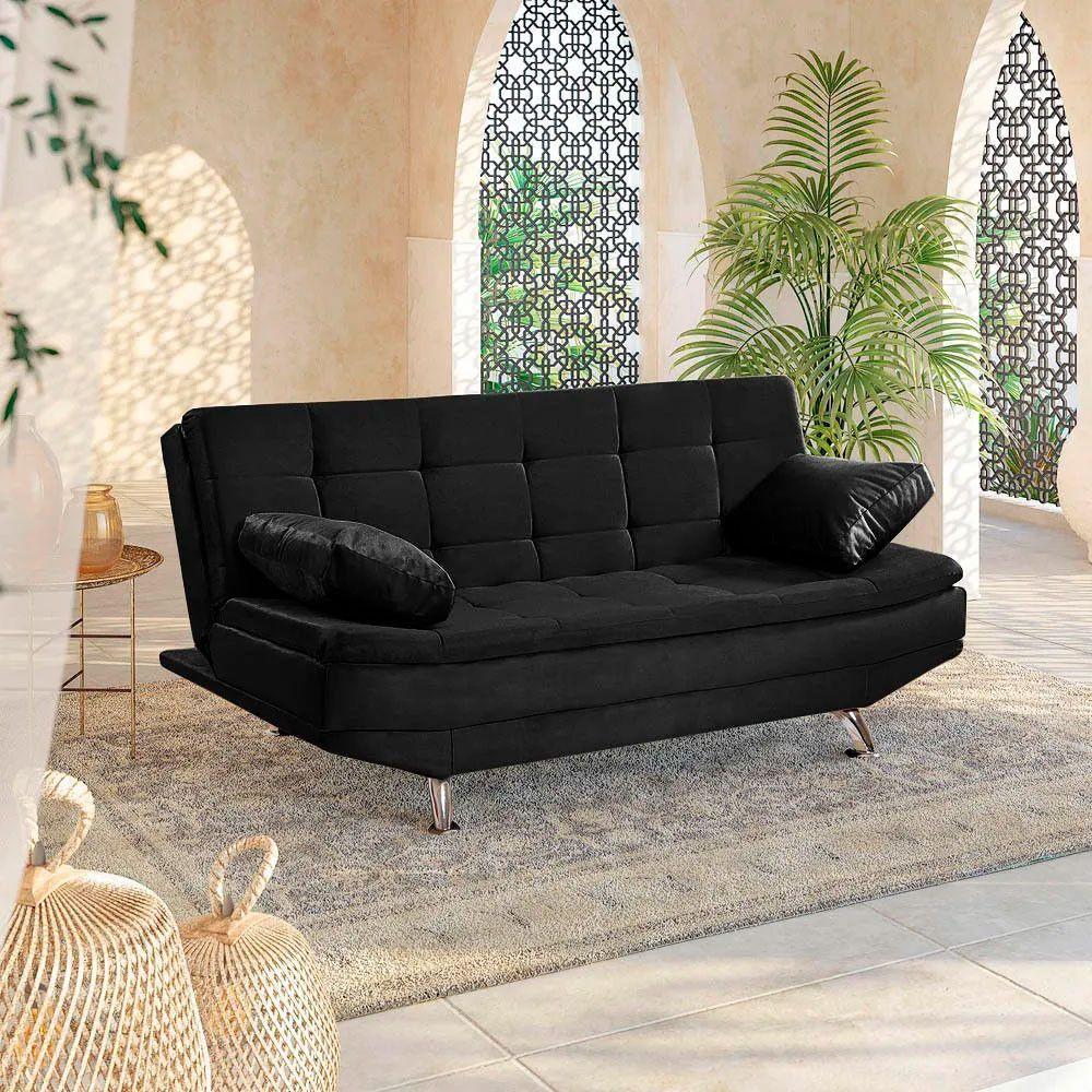 Sofá Cama Valencia 3 Lugares Reclinável Material Sintético Preto - Star Confort Preto - 6