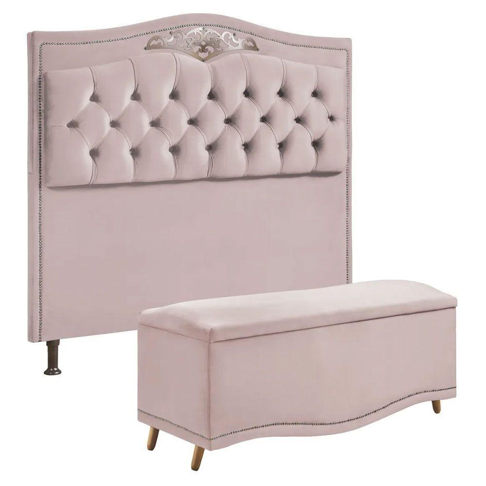 Conjunto Cabeceira E Calçadeira Holanda 1,60 Cm Veludo Star Confort Rose - 1