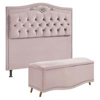 Conjunto Cabeceira E Calçadeira Holanda 1,60 Cm Veludo Star Confort Rose - 1