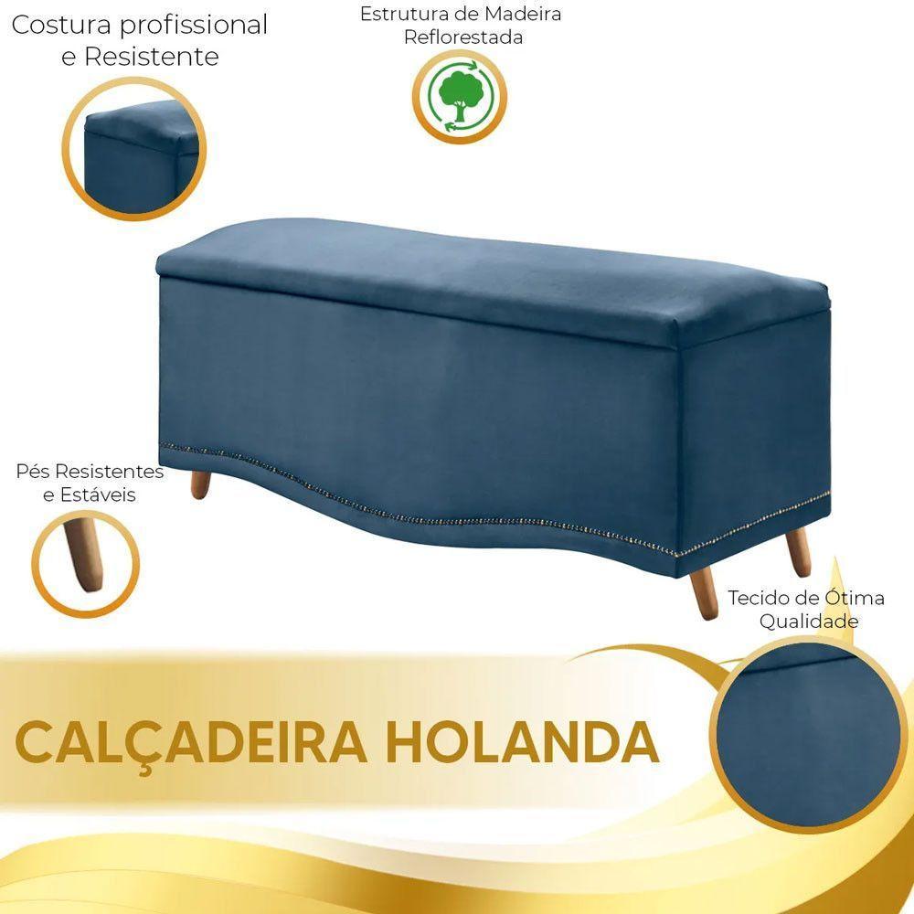Conjunto Cabeceira E Calçadeira Holanda 1,60 Cm Veludo Star Confort Azul - 5