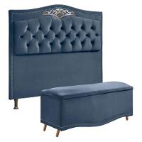 Conjunto Cabeceira E Calçadeira Holanda 1,60 Cm Veludo Star Confort Azul - 1