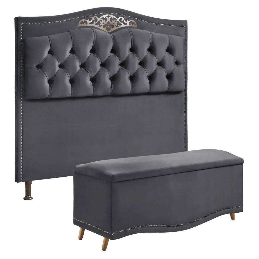 Conjunto Cabeceira E Calçadeira Holanda 1,60 Cm Veludo Star Confort Cinza Chumbo - 1