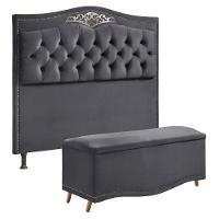 Conjunto Cabeceira E Calçadeira Holanda 1,60 Cm Veludo Star Confort Cinza Chumbo - 1