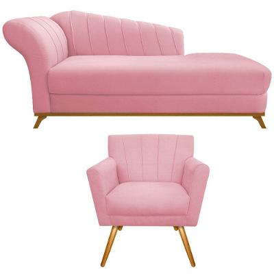 Kit Diva Recamier Vanessa 140cm Lado Direito E 01 Poltrona Laura Suede Rosa Bebê