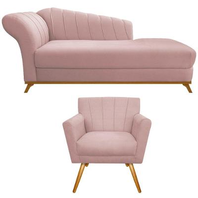 Kit Diva Recamier Vanessa 140cm Lado Direito E 01 Poltrona Laura Suede Rosê