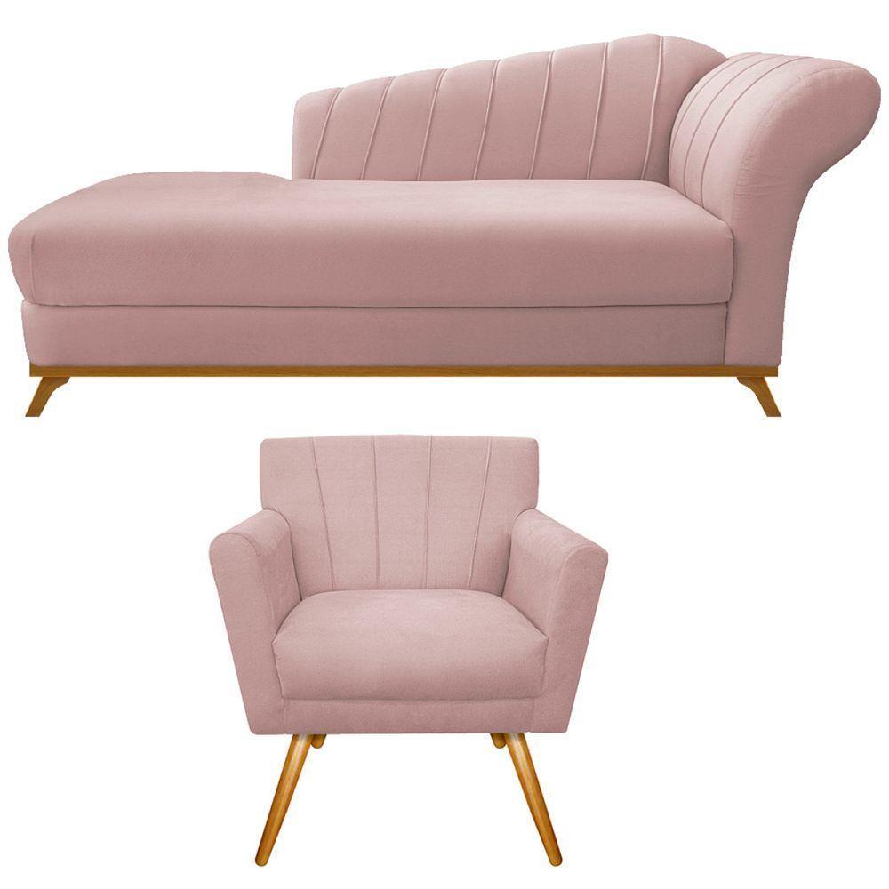 Kit Diva Recamier Vanessa 185cm Lado Esquerdo E 01 Poltrona Laura Suede Rosê - 1