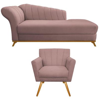 Kit Diva Recamier Vanessa 160cm Lado Direito E 01 Poltrona Laura Linho Rosê
