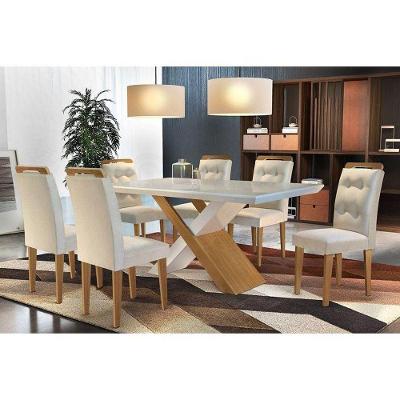 Kit Mesa Tampo Vidro 180cm Canto Reto + 6 Cadeiras Imbuia Creme