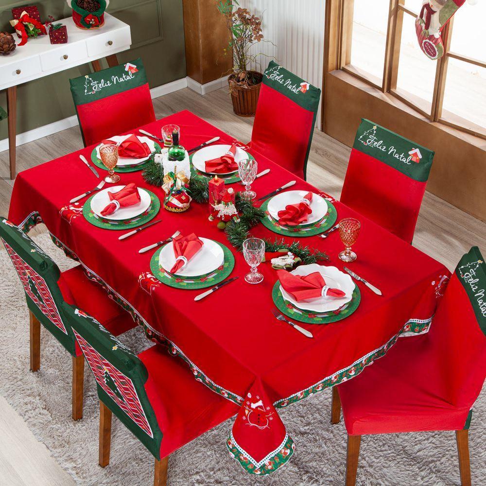 Toalha De Mesa Retangular Avulsa Bordada Natalina Vermelho 2,50m X 1,50m Para 08 Lugares - 4