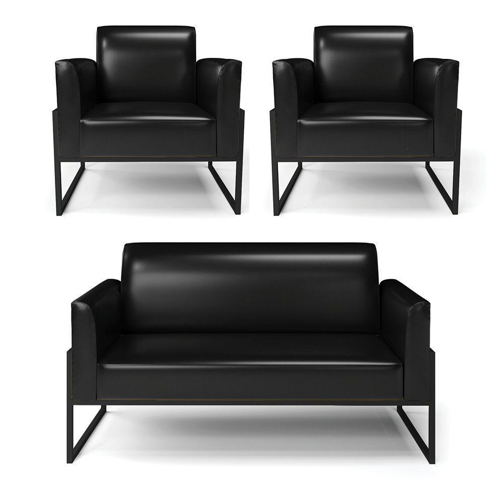 Sofá Namoradeira Com 2 Poltronas Base Industrial Alta Preto Marisa Corano Preto D03 - D\'rossi - 1