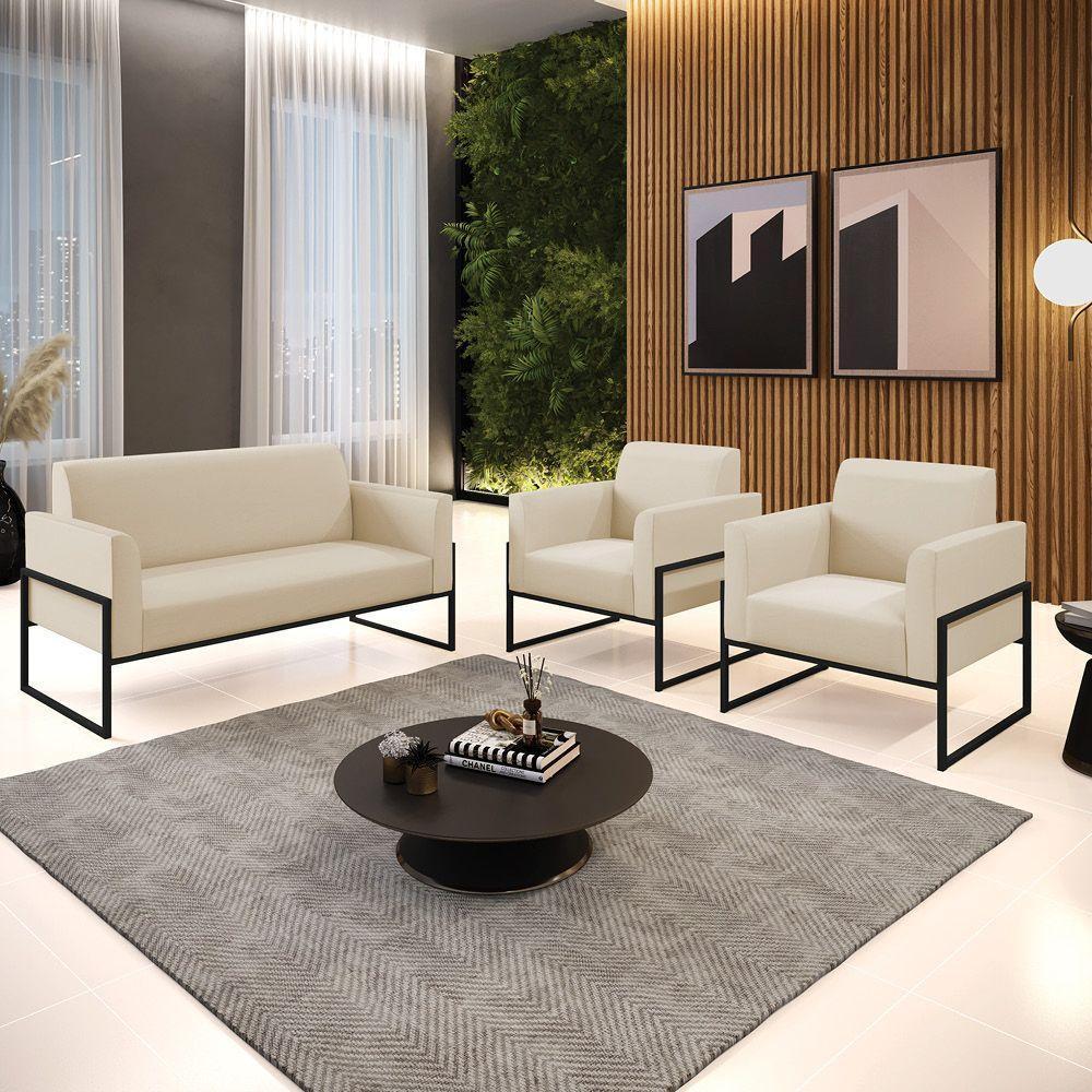 Sofá Namoradeira Com 2 Poltronas Base Industrial Alta Preto Marisa Corino Bege D03 - D\'rossi - 7