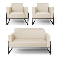 Sofá Namoradeira Com 2 Poltronas Base Industrial Alta Preto Marisa Corino Bege D03 - D\'rossi - 1