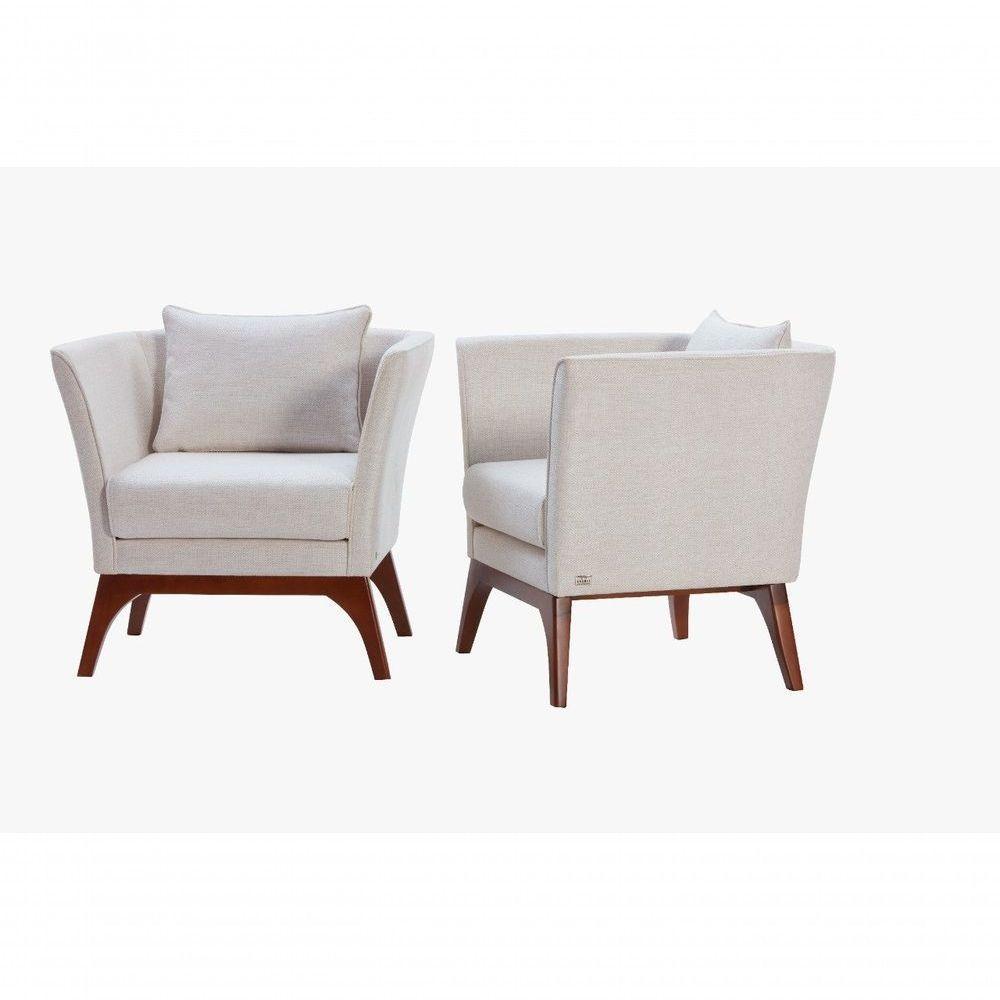 Poltrona Juli Com Pés De Madeira Garapa Pintura P.u Amêndoa, Almofada Em Fibras, Linho Off White - 2