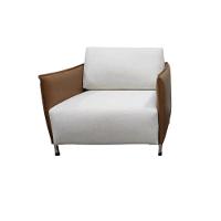 Poltrona Marrone Base De Aço Carbono, Almofada Solta Couro Sintetico Caramelo E Linho Off-white - 1