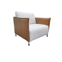 Poltrona Marrone Base De Aço Carbono, Almofada Solta Couro Sintetico Caramelo E Linho Off-white - 2