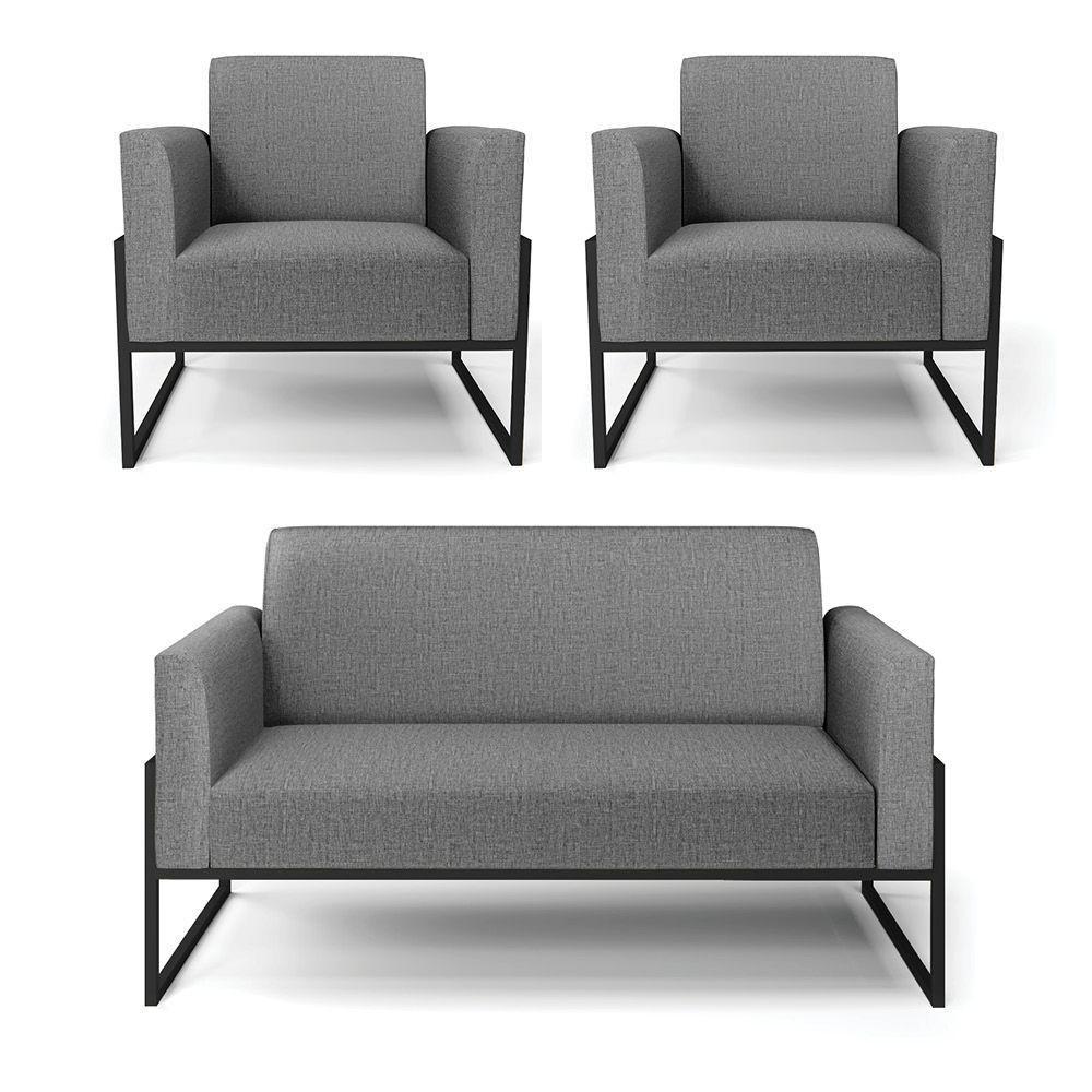Sofá Namoradeira Com 2 Poltronas Base Industrial Alta Preto Marisa Linho D03 - D\'rossi Cor A26 Grafite - 1