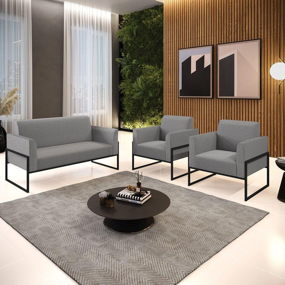 Sofá Namoradeira Com 2 Poltronas Base Industrial Alta Preto Marisa Linho D03 - D\'rossi Cor A26 Grafite - 4