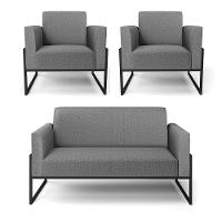 Sofá Namoradeira Com 2 Poltronas Base Industrial Alta Preto Marisa Linho D03 - D\'rossi Cor A26 Grafite - 1