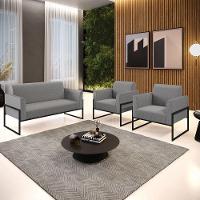 Sofá Namoradeira Com 2 Poltronas Base Industrial Alta Preto Marisa Linho D03 - D\'rossi Cor A26 Grafite