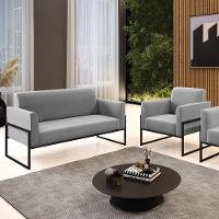 Sofá Namoradeira Com Poltrona Base Industrial Alta Preto Marisa Suede D03 - D\'rossi Cor Cinza - 3