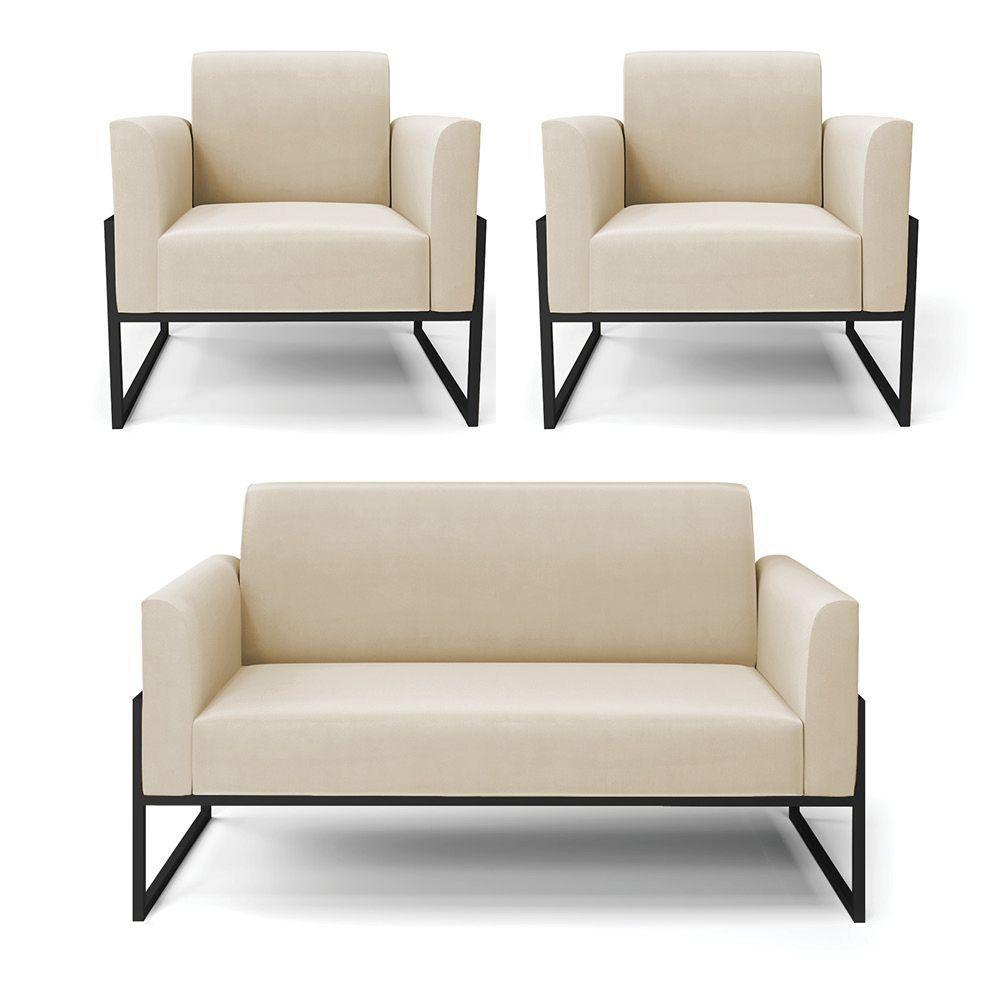 Sofá Namoradeira Com 2 Poltronas Base Industrial Alta Preto Marisa Suede D03 - D\'rossi Cor Bege - 1