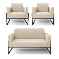 Sofá Namoradeira Com 2 Poltronas Base Industrial Alta Preto Marisa Suede D03 - D\'rossi Cor Bege - 1