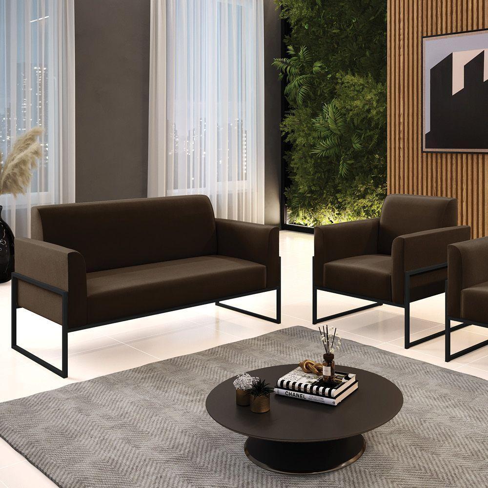 Sofá Namoradeira Com Poltrona Base Industrial Alta Preto Marisa Suede Marrom D03 - D\'rossi - 2