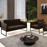 Sofá Namoradeira Com Poltrona Base Industrial Alta Preto Marisa Suede Marrom D03 - D\'rossi - 2