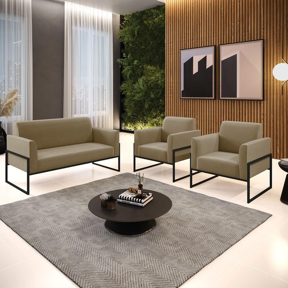 Sofá Namoradeira Com 2 Poltronas Base Industrial Alta Preto Marisa Suede D03 - D\'rossi Cor Marrom Rato - 6