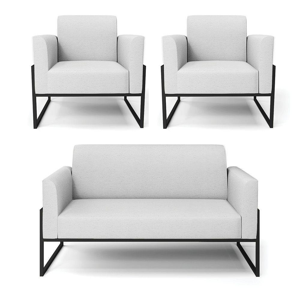 Sofá Namoradeira Com 2 Poltronas Base Industrial Alta Preto Marisa Linho Cinza A05 D03 - D\'rossi - 1