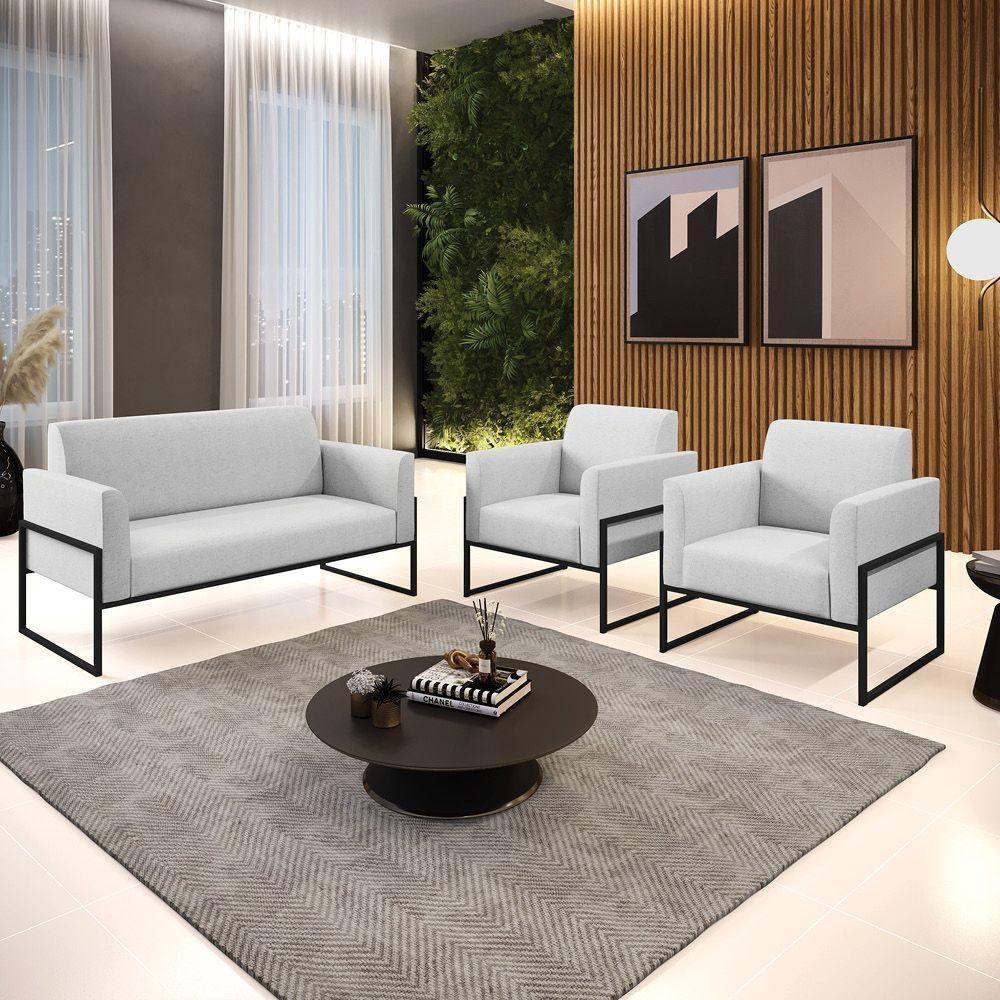 Sofá Namoradeira Com 2 Poltronas Base Industrial Alta Preto Marisa Linho Cinza A05 D03 - D\'rossi - 2