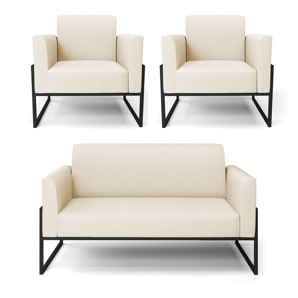 Sofá Namoradeira Com 2 Poltronas Base Industrial Alta Preto Marisa Linho Bege A19 D03 - D\'rossi - 1