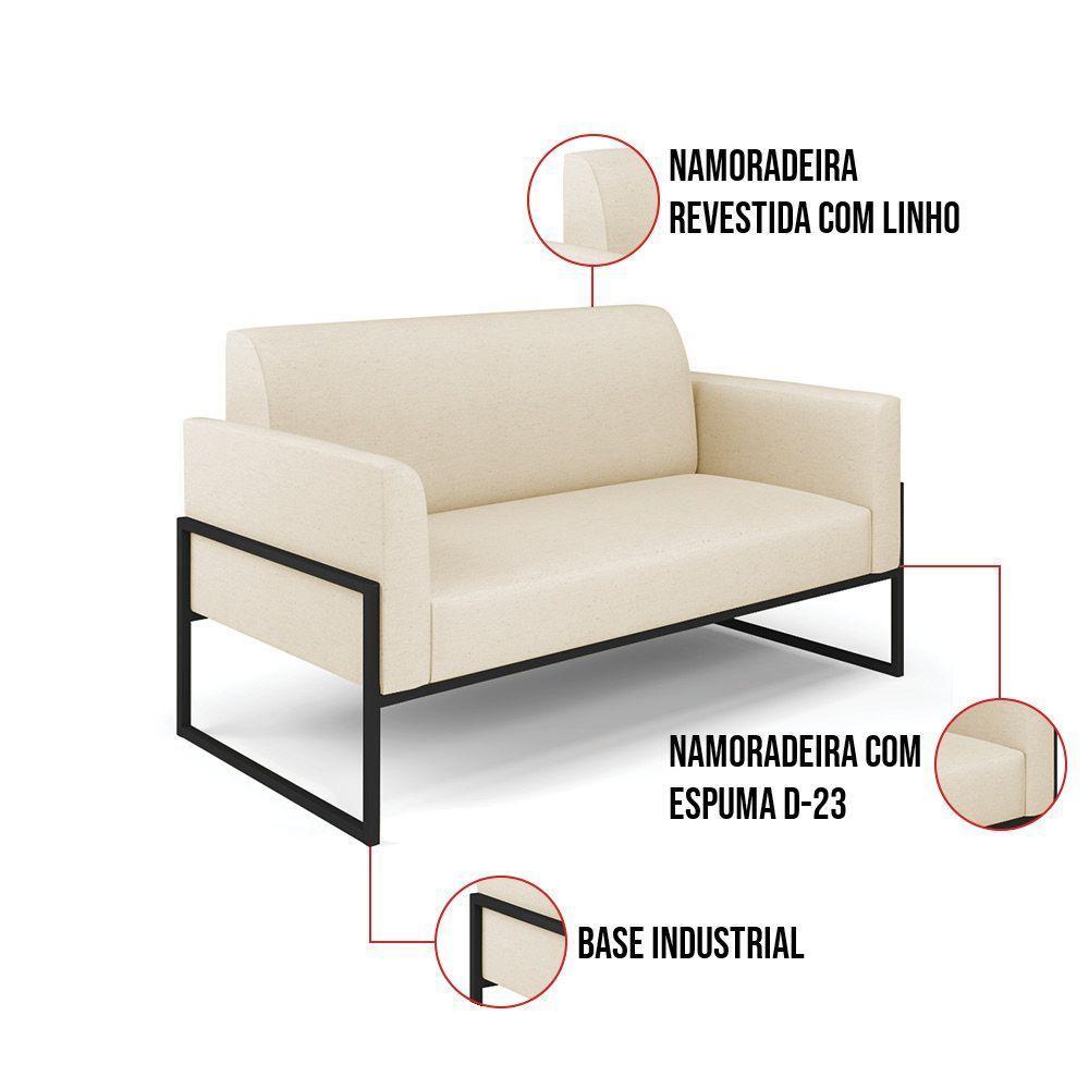 Sofá Namoradeira Com 2 Poltronas Base Industrial Alta Preto Marisa Linho Bege A19 D03 - D\'rossi - 7