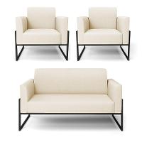 Sofá Namoradeira Com 2 Poltronas Base Industrial Alta Preto Marisa Linho Bege A19 D03 - D\'rossi - 1