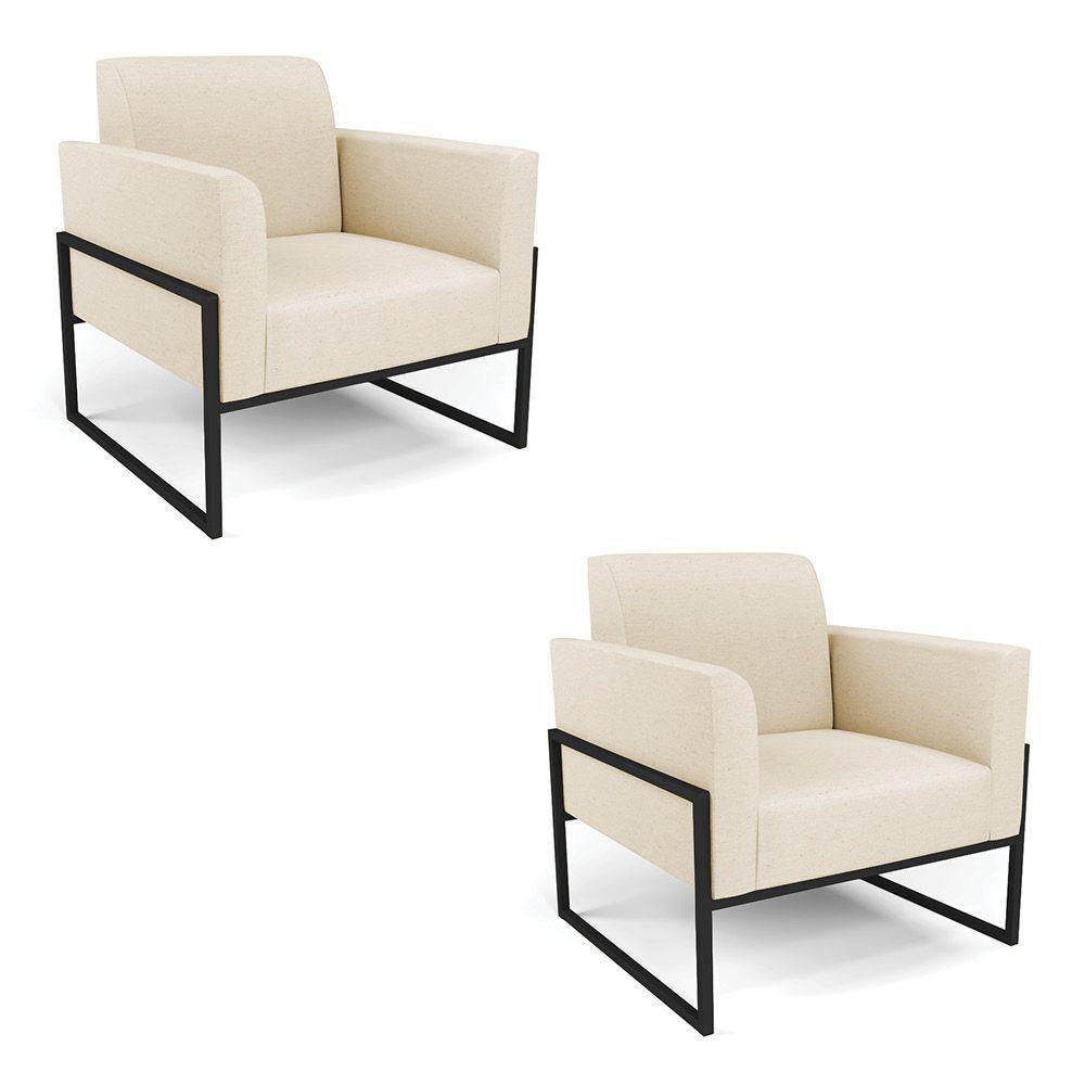 Kit 2 Poltronas Base Industrial Alta Preto Marisa Linho Bege A19 D03 - D\'rossi - 1