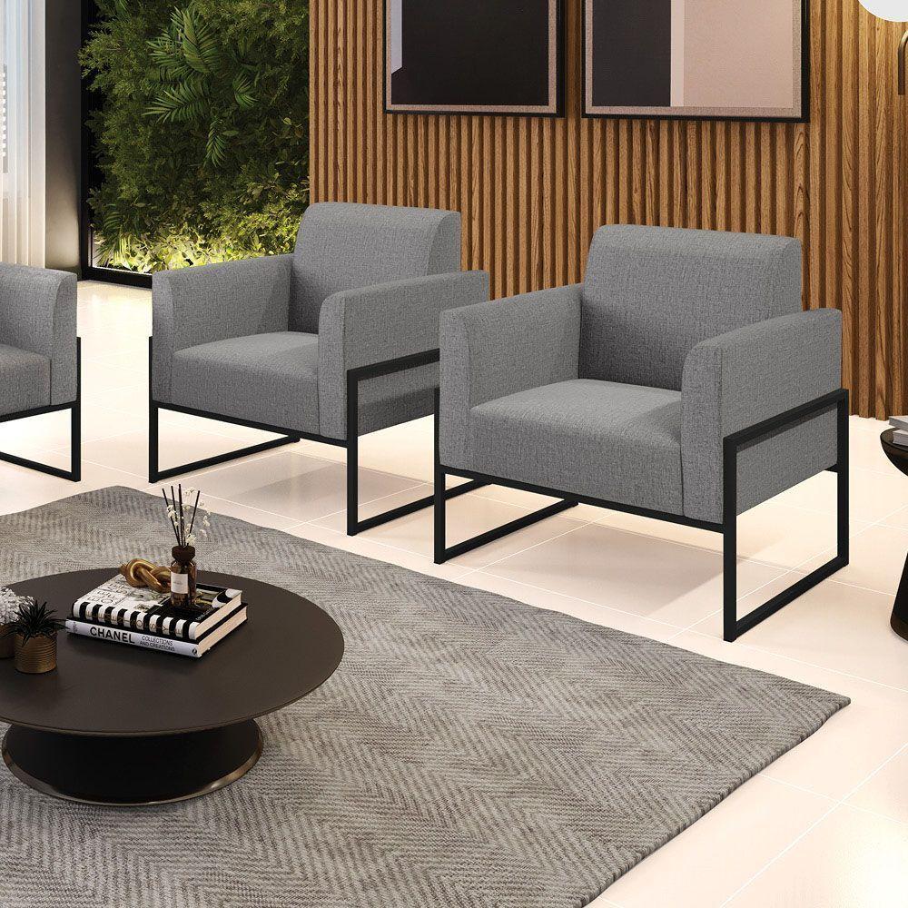 Kit 2 Poltronas Base Industrial Alta Preto Marisa Linho Grafite A26 D03 - D\'rossi - 7