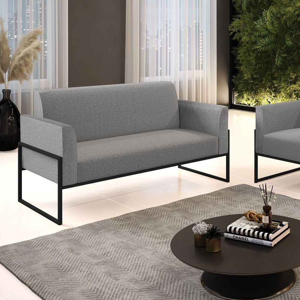 Sofá Namoradeira Base Industrial Alta Preto Marisa Linho D03 - D\'rossi Cor A26 Grafite - 6