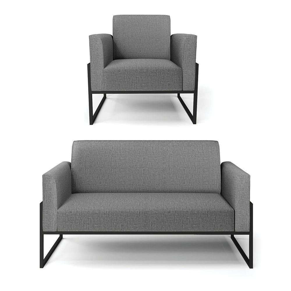 Sofá Namoradeira Com Poltrona Base Industrial Alta Preto Marisa Linho D03 - D\'rossi Cor A26 Grafite - 1