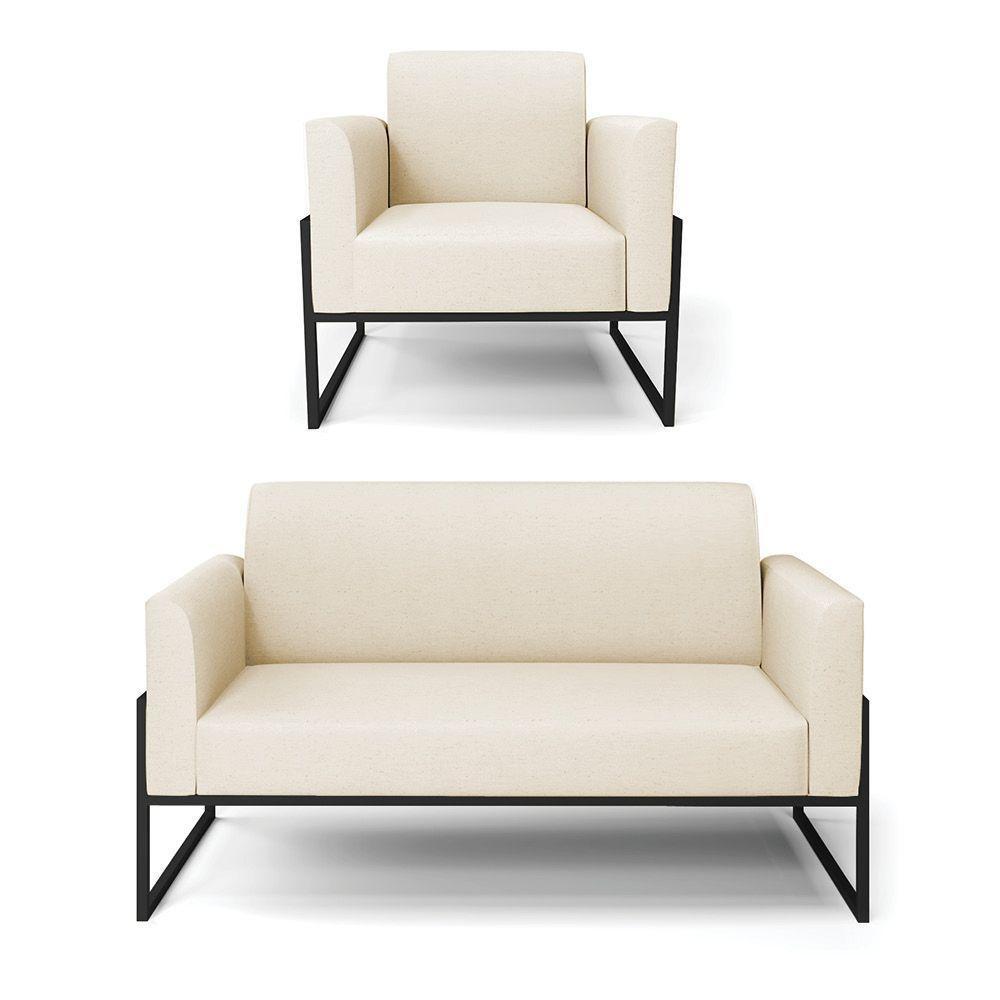 Sofá Namoradeira Com Poltrona Base Industrial Alta Preto Marisa Linho Bege A19 D03 - D\'rossi - 1