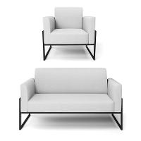 Sofá Namoradeira Com Poltrona Base Industrial Alta Preto Marisa Linho Cinza A05 D03 - D\'rossi - 1