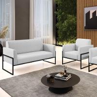 Sofá Namoradeira Com Poltrona Base Industrial Alta Preto Marisa Linho Cinza A05 D03 - D\'rossi - 6