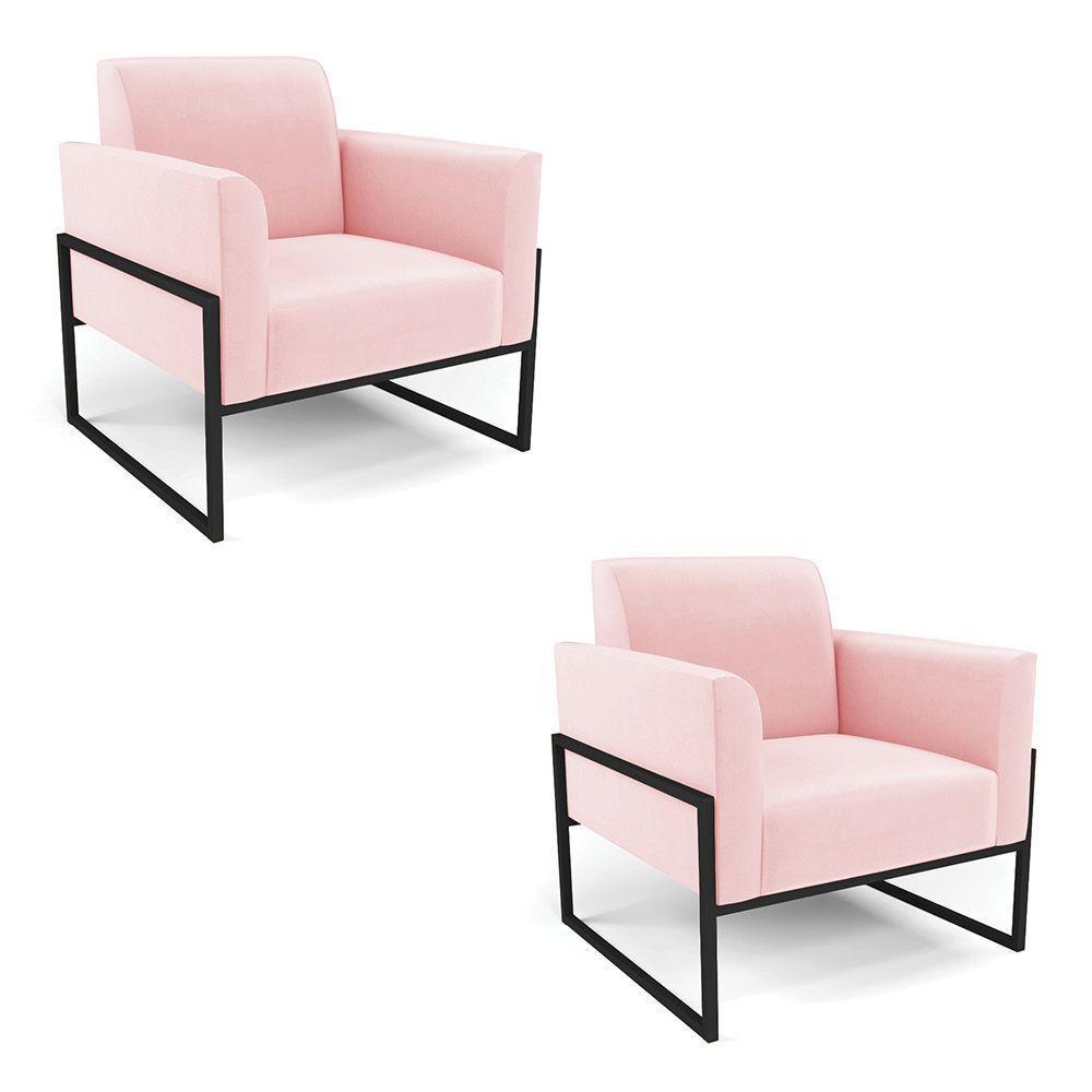 Kit 2 Poltronas Base Industrial Alta Preto Marisa Suede D03 - D\'rossi Cor Rosa Bebê - 1