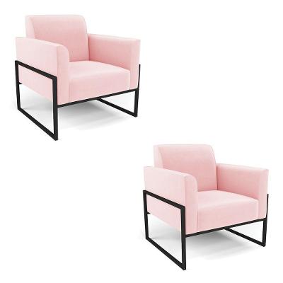 Kit 2 Poltronas Base Industrial Alta Preto Marisa Suede D03 - D\'rossi Cor Rosa Bebê