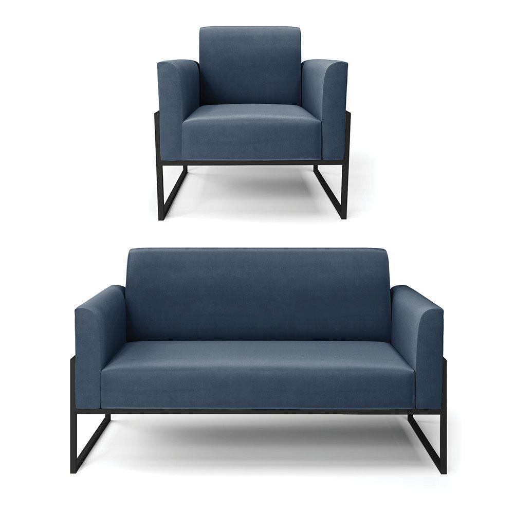 Sofá Namoradeira Com Poltrona Base Industrial Alta Preto Marisa Suede Azul Marinho D03 - D\'rossi - 1