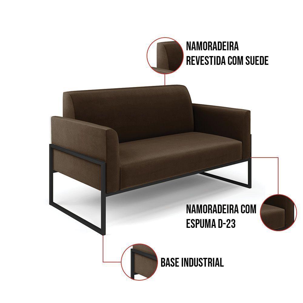 Sofá Namoradeira Com 2 Poltronas Base Industrial Alta Preto Marisa Suede Marrom D03 - D\'rossi - 6