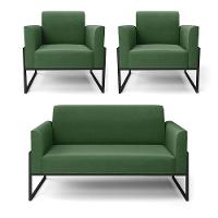 Sofá Namoradeira Com 2 Poltronas Base Industrial Alta Preto Marisa Suede D03 - D\'rossi Cor Verde - 1