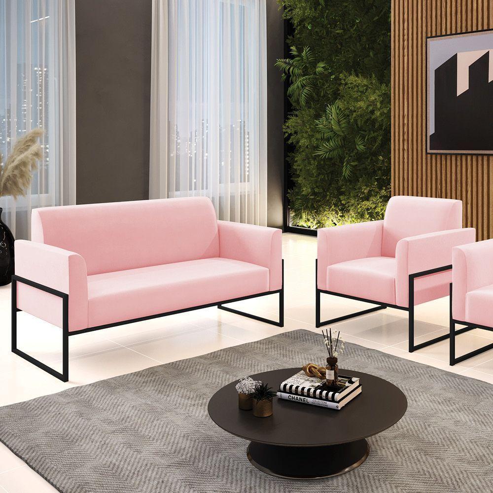 Sofá Namoradeira Com Poltrona Base Industrial Alta Preto Marisa Suede Rosa Bebê D03 - D\'rossi - 2