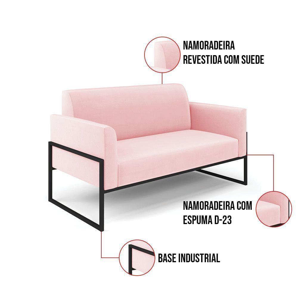 Sofá Namoradeira Com Poltrona Base Industrial Alta Preto Marisa Suede Rosa Bebê D03 - D\'rossi - 3
