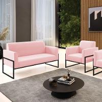 Sofá Namoradeira Com Poltrona Base Industrial Alta Preto Marisa Suede Rosa Bebê D03 - D\'rossi - 2